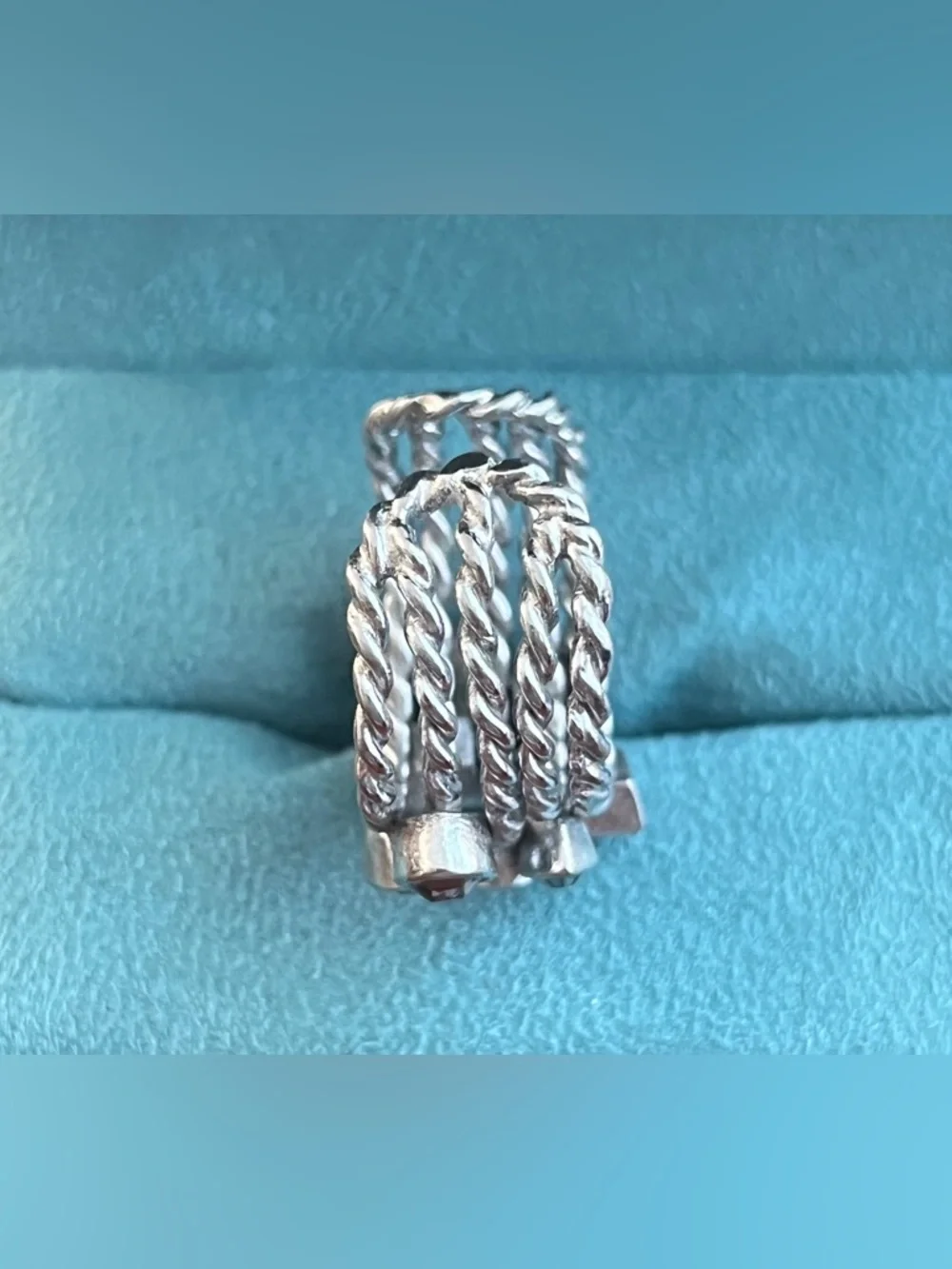 Silver-Tone Adjustable Wrap Cocktail Ring Multi-Row Twisted Rope Clear Crystals